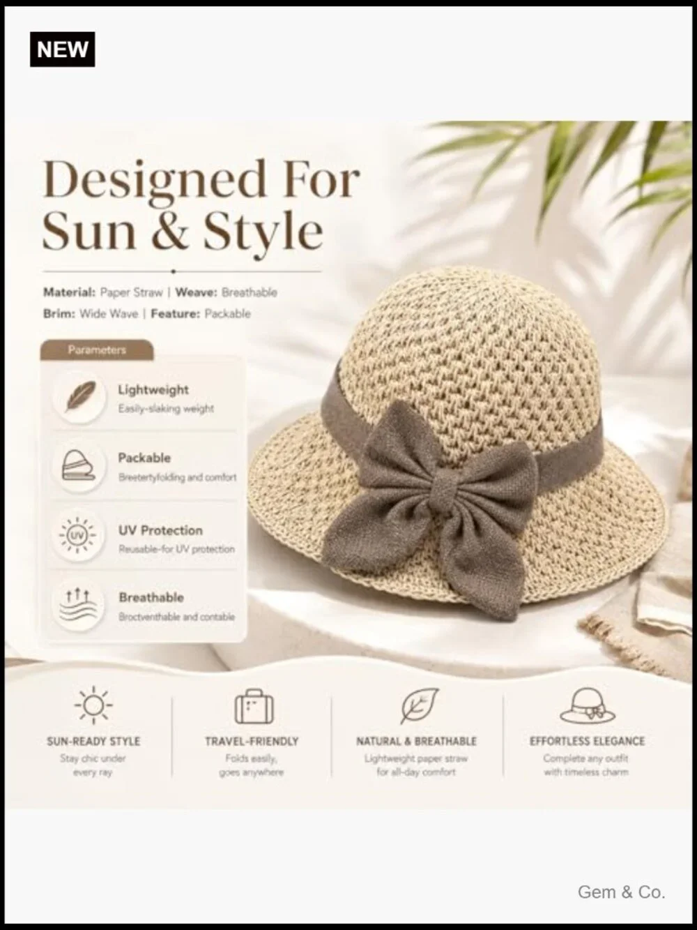 Woven Straw Sun Hat with Bow, Foldable Wide Brim Bucket Hat for Women